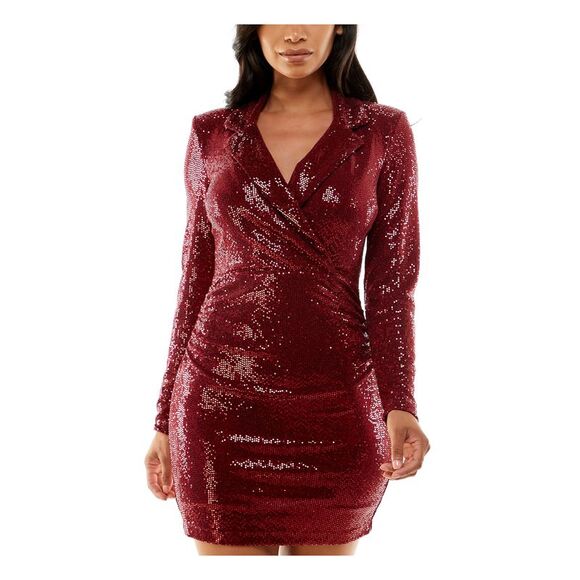 EMERALD SUNDAE Womens Maroon Lined Long Sleeve Short Party Body